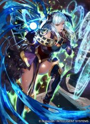Rule 34 | 1girl, bare shoulders, black gloves, blue eyes, bracelet, company name, dress, fire emblem, fire emblem cipher, fire emblem echoes: shadows of valentia, gloves, glowing, headband, jewelry, long hair, magic circle, mayo (becky2006), nintendo, official art, shade (fire emblem), solo, thighhighs, thighs, very long hair, white hair