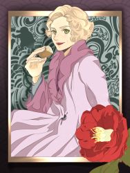 Rule 34 | 1girl, blonde hair, camellia, coat, eating, fantastic beasts and where to find them, flower, green eyes, harry potter (series), highres, jewelry, leaf, mmasaki, necklace, niffler, queenie goldstein, short hair, solo, sparkle, wizarding world