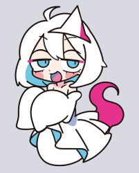 Rule 34 | 1girl, :d, ahoge, bare shoulders, blue eyes, dress, ghost, grey background, half-closed eyes, long sleeves, open mouth, original, sleeves past fingers, sleeves past wrists, smile, solo, terada tera, triangular headpiece, white dress, white hair
