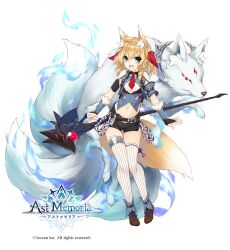 Rule 34 | 1girl, animal ears, aqua eyes, ast memoria, belt, black shorts, blonde hair, blue fire, bridal gauntlets, brown footwear, center opening, company name, copyright name, copyright notice, fire, fox, fox girl, fox tail, fur trim, highres, holding, holding staff, logo, lucy riseborough (ast memoria), multiple belts, multiple tails, official art, saeki touma, short hair, shorts, split mouth, staff, striped clothes, striped thighhighs, tail, thighhighs, vambraces, white fur, white thighhighs
