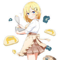 Rule 34 | 1girl, absurdres, among us, animal, apron, blonde hair, blue eyes, blush, bow, breasts, brown apron, brown bow, brown skirt, bubba (watson amelia), cowboy shot, cup, dog, felutiahime, grin, hair ornament, highres, holding, holding cup, holding whisk, hololive, hololive english, large breasts, long sleeves, looking up, medium hair, plaid, plaid skirt, shirt, skirt, smile, solo, teeth, virtual youtuber, watson amelia, whisk, white shirt