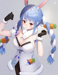 Rule 34 | 1girl, animal ear fluff, animal ears, arms up, black gloves, black pantyhose, blue hair, blush, breasts, brown eyes, carrot, carrot in pocket, commentary, cowboy shot, detached sleeves, dress, extra ears, fur-trimmed dress, fur-trimmed gloves, fur trim, gloves, grey background, highres, hololive, long hair, looking at viewer, medium breasts, pantyhose, rabbit ears, rabbit girl, ruka tou, scarf, short sleeves, simple background, sleeveless, sleeveless dress, smile, solo, thick eyebrows, usada pekora, usada pekora (1st costume), virtual youtuber, white dress, white sleeves