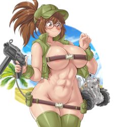 Rule 34 | 1girl, abs, areola slip, belt, bottomless, breasts, brown eyes, brown hair, censored, censored nipples, closed mouth, convenient censoring, curvy, fio germi, glasses, groin, gun, hat, holding, holding weapon, large breasts, lewdamone, long hair, looking at viewer, metal slug, military, military vehicle, motor vehicle, navel, ponytail, round eyewear, smile, solo, standing, submachine gun, sweat, tank, thighhighs, thighs, weapon, wide hips, wristband