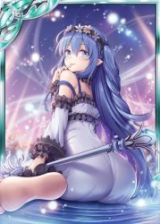 Rule 34 | 1girl, akkijin, ass, bare shoulders, blue eyes, blue hair, blue sky, dress, elf, finger to mouth, flower, hair flower, hair ornament, holding, holding staff, holding weapon, long hair, looking at viewer, no shoes, official art, pointy ears, seiza, shinkai no valkyrie, sitting, sky, staff, weapon, white dress, wreath