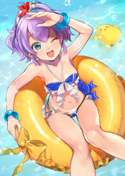 Rule 34 | 1girl, :d, ;d, animal, arm up, azur lane, bare shoulders, bikini, bird, blue bikini, blue flower, blush, bow, breasts, chick, collarbone, commentary request, day, flower, frills, from above, green eyes, hair between eyes, hair flower, hair ornament, halterneck, high ponytail, highres, innertube, javelin (azur lane), javelin (beach picnic!) (azur lane), knees together feet apart, looking at viewer, looking up, manjuu (azur lane), medium breasts, navel, one eye closed, open mouth, outdoors, ponytail, purple hair, red flower, shading eyes, sidelocks, small breasts, smile, solo, sparkle, swim ring, swimsuit, water, yellow bow, yuko (uc yuk)