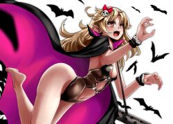 Rule 34 | 1girl, :d, absurdres, ass, barefoot, bat (animal), blonde hair, breasts, brown eyes, cape, claw pose, commentary request, fangs, fingernails, girls&#039; frontline, gun, hair ornament, halloween costume, highres, legs, looking at viewer, m1919a4 (carmilla) (girls&#039; frontline), m1919a4 (girls&#039; frontline), machine gun, nail polish, navel, official alternate costume, open mouth, pink nails, revealing clothes, sharp fingernails, simple background, slit pupils, small breasts, smile, solo, teeth, vampire, weapon, white background, wrist cuffs, yaruku