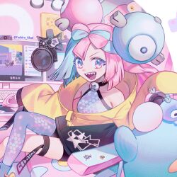 1girl artist_name bellibolt blue_hair bow-shaped_hair chair character_hair_ornament collarbone computer computer_keyboard creatures_(company) crossed_legs fake_hair_bun game_freak gaming_chair gen_1_pokemon gen_4_pokemon grey_pantyhose hair_ornament hexagon_print iono_(pokemon) jacket knee_up long_hair low-tied_long_hair luxio magnemite multicolored_hair nintendo on_chair open_mouth pantyhose pink_hair pokemon pokemon_(creature) pokemon_sv sharp_teeth single_leg_pantyhose sleeveless sleeves_past_fingers sleeves_past_wrists smile split-color_hair sticker swivel_chair teeth twitter_username very_long_sleeves video_camera wattrel x yellow_jacket yushiro_akun