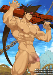 Rule 34 | 1boy, abs, bara, brown hair, censored, completely nude, cowboy shot, facial hair, flaccid, guilty gear, guilty gear strive, gumroad username, headband, kienbiu, large pectorals, long hair, male focus, mosaic censoring, muscular, navel, navel hair, nipples, nude, over shoulder, paid reward available, patreon username, pectorals, penis, ponytail, sideburns, smile, sol badguy, solo, spiked hair, stubble, thick thighs, thighs, twitter username, weapon, weapon over shoulder