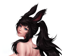 Rule 34 | absurdres, animal ears, aylisnyan, black hair, blue eyes, breasts, commission, final fantasy, final fantasy xiv, from behind, highres, large breasts, lips, long hair, looking at viewer, nude, ponytail, rabbit ears, viera, warrior of light (ff14), white background
