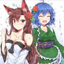 Rule 34 | 2girls, ^ ^, absurdres, ahoge, akiteru (akiteru98), animal ear fluff, animal ears, bare shoulders, blue background, blue eyes, blue sash, blush, breasts, brooch, brown hair, cleavage, closed eyes, collarbone, commentary request, dress, fins, flower, frilled kimono, frills, gradient background, green kimono, hair between eyes, hair flower, hair ornament, hand up, head fins, highres, holding, holding hair, imaizumi kagerou, japanese clothes, jewelry, kimono, leaf, long hair, long sleeves, looking at viewer, medium breasts, mermaid, monster girl, multiple girls, obi, off-shoulder dress, off shoulder, open mouth, red eyes, red flower, red rose, ribbon, rose, sash, short hair, sidelocks, smile, touhou, upper body, very long hair, wakasagihime, water drop, white background, white dress, wide sleeves, wolf ears, yellow ribbon