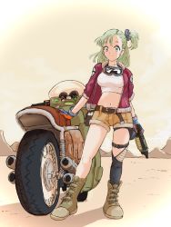 Rule 34 | 1girl, arm at side, backlighting, belt, black thighhighs, blue eyes, blue gloves, blue ribbon, boots, breasts, brown belt, brown shorts, bulma, capsule corp, closed mouth, crop top, day, desert, dragon ball, dragon ball (classic), fanny pack, floating hair, full body, gloves, goggles, goggles around neck, gradient sky, green footwear, green hair, gun, hair ribbon, hand rest, highres, holding, holding gun, holding weapon, jacket, kajino (aosansai), knee boots, legs apart, looking at viewer, medium breasts, medium hair, midriff, motor vehicle, motorcycle, mountain, mountainous horizon, navel, one side up, open clothes, open jacket, outdoors, pink jacket, ribbon, sand, shadow, short shorts, shorts, single thighhigh, sky, smile, solo, standing, straight hair, thigh strap, thighhighs, underboob, weapon, weapon request, white sky