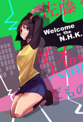 Rule 34 | 1girl, arms up, artist name, aru ao, black hair, black shirt, black socks, blue skirt, bob cut, breasts, brown eyes, city, cityscape, closed mouth, commentary, copyright name, curled fingers, denim, denim skirt, english text, from side, full body, green background, grey background, inverted bob, kneeling, long sleeves, looking at viewer, looking to the side, mixed-language text, nakahara misaki, nhk ni youkoso!, pink background, raglan sleeves, shirt, short hair, skirt, skyline, small breasts, smile, socks, solo, stretching, t-shirt, translated, two-tone shirt, yellow shirt