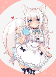 Rule 34 | 1girl, animal ear fluff, animal ears, apron, black choker, blue bow, blue dress, blue eyes, blush, bow, breasts, choker, closed mouth, collarbone, commentary request, commission, copyright request, cropped legs, dress, frilled apron, frills, hair between eyes, hair intakes, heart, long hair, looking at viewer, medium breasts, pink background, pixiv commission, puffy short sleeves, puffy sleeves, short sleeves, smile, solo, sou (soutennkouchi), sparkle, striped, striped bow, tail, thighhighs, two-tone background, very long hair, virtual youtuber, white apron, white background, white hair, white thighhighs, wrist cuffs