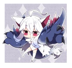 Rule 34 | 1girl, ahoge, animal ears, blush, breasts, chibi, cleavage, closed mouth, commentary request, full body, grey background, hair between eyes, highres, large breasts, leotard, lucent nargacuga, milkpanda, monster hunter (series), no shoes, personification, red eyes, short eyebrows, solo, sparkle, tail, thick eyebrows, thighhighs, two-tone background, white background, white hair, white leotard, white thighhighs, wings