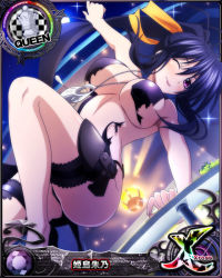 Rule 34 | 1girl, ;p, black hair, breasts, card (medium), character name, chess piece, gun, hair ribbon, high school dxd, high school dxd cross, himejima akeno, jewelry, large breasts, long hair, official art, one eye closed, pendant, ponytail, purple eyes, queen (chess), ribbon, solo, source request, thighs, tongue, tongue out, torn clothes, trading card, very long hair, weapon