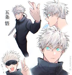 Rule 34 | 1boy, arm up, bandage over one eye, black blindfold, black jacket, black pants, blindfold, blue eyes, character name, closed mouth, covered eyes, cowboy shot, crossed fingers, fang, food, gojou satoru, hand up, highres, jacket, jujutsu kaisen, long sleeves, looking at viewer, male focus, nukomaru, one eye covered, open mouth, pants, popsicle, portrait, profile, short hair, simple background, skin fang, smile, standing, tongue, tongue out, twitter username, v, white background, white hair