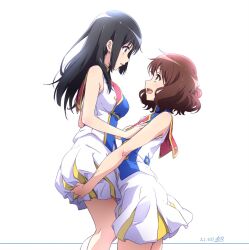 Rule 34 | 2girls, artist name, blue shirt, brown hair, commentary request, dated, hibike! euphonium, highres, holding, kousaka reina, looking at another, multiple girls, nii manabu, oumae kumiko, scene reference, shirt, skirt, sleeveless, sleeveless shirt, two-tone shirt, white background, white shirt, white skirt