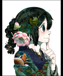 Rule 34 | 10s, 1girl, alternate hairstyle, animal print, asui tsuyu, bad id, bad pixiv id, blue nails, boku no hero academia, braid, collarbone, commentary request, double exposure, finger to mouth, flower, frog, frog print, from side, green eyes, green hair, hair tie, japanese clothes, kimono, lily pad, looking away, lotus, nail art, nail polish, nekodou (yukatin1000), pale skin, simple background, solo, unmoving pattern, upper body, white background