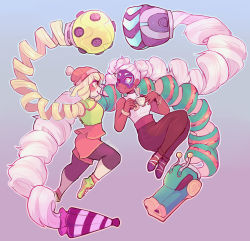 Rule 34 | 2girls, arms (game), ass, bare shoulders, beanie, bike shorts, blonde hair, boxing gloves, breasts, chinese clothes, dark-skinned female, dark skin, domino mask, dragon (arms), drill hair, earrings, facepaint, food, green eyes, hair ribbon, hat, highres, jewelry, leggings, leggings under shorts, lips, long hair, mask, min min (arms), multiple girls, noodles, pants, pantyhose, pink hair, ribbon, short hair, shorts, smile, twin drills, twintails, twintelle (arms), very long hair