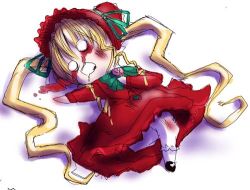 Rule 34 | 00s, 1girl, blonde hair, blood, bloody tears, bloomers, bonnet, chibi, chibi only, dress, drooling, long hair, lowres, o o, red dress, rozen maiden, shinku, solo, twintails, underwear, very long hair