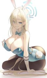 Rule 34 | 1girl, animal ears, arched back, ass, asuna (blue archive), asuna (bunny) (blue archive), bare shoulders, black panties, blonde hair, blue archive, blue eyes, blue leotard, bow, bowtie, breasts, cleavage, collar, covered erect nipples, curvy, elbow gloves, gloves, grin, halo, highres, large breasts, leotard, leotard pull, leotard tug, long hair, panties, pantyhose, playboy bunny, rabbit ears, rabbit tail, sitting, smile, tail, thick thighs, thighs, toki (rumukio), underwear, very long hair, white gloves