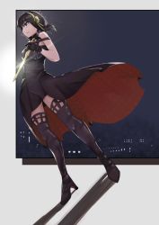 Rule 34 | 1girl, alternate eye color, black dress, black gloves, black hair, boots, breasts, dagger, dress, full body, gloves, gold hairband, hairband, high heel boots, high heels, highres, holding, holding dagger, holding knife, holding weapon, kitanxjk, knife, medium breasts, orange eyes, reverse grip, solo, spy x family, stiletto (weapon), thigh boots, two-sided dress, two-sided fabric, weapon, yor briar