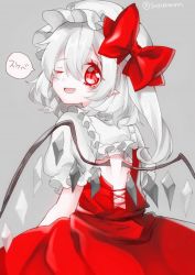 Rule 34 | 1girl, albino, back, bad id, bad twitter id, bat wings, bow, flandre scarlet, frills, grey background, kyouda suzuka, looking back, one eye closed, open mouth, partially colored, red eyes, ribbon, short hair, side ponytail, simple background, smile, solo, touhou, twitter username, white hair, wings