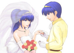 Rule 34 | 1boy, 1girl, abo (hechouchou), bad id, bad pixiv id, bare shoulders, blue eyes, blue hair, bouquet, bridal veil, bride, caeda (fire emblem), couple, dress, fire emblem, fire emblem: mystery of the emblem, flower, gloves, hetero, holding, holding jewelry, holding ring, jewelry, lipstick, long hair, makeup, marth (fire emblem), nail polish, necklace, nintendo, ornate ring, ponytail, ring, see-through, simple background, tears, tiara, unworn jewelry, veil, wedding, wedding dress, wedding ring, white background