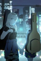 2girls black_shirt blue_eyes blue_jacket blue_skirt brown_hair camouflage camouflage_pants chinese_commentary city_lights closed_mouth clothes_around_waist commentary_request couple girls_band_cry grey_eyes grey_hair guitar_case highres holding_hands instrument_case instrument_on_back interlocked_fingers iseri_nina jacket jacket_around_waist jewelry kawaragi_momoka lemon_print long_hair looking_at_viewer multicolored_hair multiple_girls necklace night outdoors pants roots_(hair) shirt short_hair short_sleeves sidelocks skirt white_shirt xunyu_(manyu) yuri