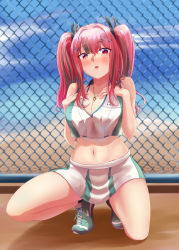Rule 34 | 1girl, :o, absurdres, azur lane, bare legs, bare shoulders, beach, blue sky, blurry, blurry background, blush, breast suppress, breasts, bremerton (azur lane), bremerton (scorching-hot training) (azur lane), chain-link fence, cleavage, cloud, collarbone, collared shirt, commentary request, covered erect nipples, crop top, crop top overhang, day, fence, full body, green footwear, green skirt, grey hair, hair between eyes, hair intakes, hair ornament, hairclip, heart, heart necklace, highres, jewelry, large breasts, li fanfan, long hair, looking at viewer, midriff, multicolored hair, navel, necklace, no mole, ocean, open mouth, outdoors, pink eyes, pink hair, sand, shadow, shirt, shoes, sidelocks, skirt, sky, sleeveless, sleeveless shirt, sneakers, solo, sportswear, squatting, streaked hair, tennis uniform, thighs, twintails, two-tone hair, two-tone shirt, two-tone skirt, white shirt, white skirt, x hair ornament