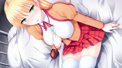Rule 34 | 1girl, amairo senki, arm support, bed, bed sheet, blanket, blonde hair, blush, breasts, brown thighhighs, dress shirt, dutch angle, game cg, green eyes, indoors, juliet sleeves, large breasts, legs, lieselotte (amairo senki), loafers, long hair, long sleeves, looking at viewer, medium breasts, miniskirt, pillow, plaid, plaid skirt, pleated skirt, puffy sleeves, red skirt, ringed eyes, school uniform, shirt, shoes, sitting, skindentation, skirt, solo, splush wave, st.germain-sal, thighhighs, thighs, white blanket, white shirt, white thighhighs, zettai ryouiki