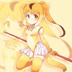 Rule 34 | 10s, 1girl, animal ears, bare shoulders, blonde hair, bracelet, breasts, brown eyes, covered navel, elbow gloves, extra ears, gloves, golden snub-nosed monkey (kemono friends), gradient hair, high ponytail, highleg, highleg leotard, highres, holding, holding staff, jewelry, kemono friends, leotard, long hair, monkey ears, monkey tail, mugi (user khzh5853), multicolored hair, silhouette, small breasts, solo, staff, tail, thighhighs, white hair, yellow thighhighs, zoom layer