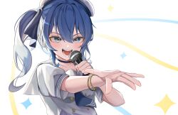 Rule 34 | 1girl, absurdres, blue eyes, blue hair, hat, highres, hoangryu, hololive, hoshimachi suisei, looking at viewer, microphone, necktie, open mouth, short sleeves, side ponytail, solo, virtual youtuber, white hat