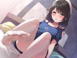 Rule 34 | 1girl, :o, arm up, bed, bed sheet, black hair, blue shirt, collarbone, commentary request, ear piercing, feet, green eyes, highres, indoors, jewelry, long hair, looking at viewer, necklace, on bed, open mouth, original, piercing, pillow, shirt, short sleeves, sitting, solo, thighhighs, toes, toyosaki shu, white headwear, white thighhighs