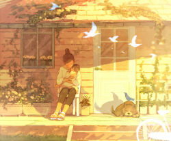 Rule 34 | 2girls, age difference, baby, bicycle, bird, black hair, chair, dog, door, flower, flower pot, holding, house, mother and daughter, multiple girls, original, pon (cielo), sitting, sleeping, window