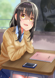 Rule 34 | 1girl, :d, akiyama0818, bad teeth, black hair, blue necktie, blue shirt, blue skirt, blush, cardigan, cellphone, classroom, collared shirt, desk, ghost, hand on own cheek, hand on own face, highres, looking at viewer, mieruko-chan, monster, necktie, notebook, open mouth, phone, pleated skirt, scared, school desk, school uniform, shaded face, shirt, sitting, skirt, smartphone, smile, solo, sweat, yellow cardigan, yellow eyes, yotsuya miko