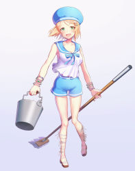 Rule 34 | 1girl, alternate costume, bad id, bad pixiv id, blonde hair, blouse, blue hat, breasts, cecilia lynne adelhyde, cleaning brush, commentary request, full body, gradient background, green eyes, hat, highres, open mouth, shirt, short hair, short shorts, shorts, sleeveless, sleeveless shirt, smile, solo, standing, standing on one leg, white shirt, wild arms, wild arms 1, yururi-ra