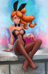 Rule 34 | 1girl, alternate costume, animal ears, artist name, bare shoulders, black bow, black bowtie, bow, bowtie, breasts, brown pantyhose, cleavage, closed mouth, commentary, creatures (company), crossed ankles, detached collar, dress, fake animal ears, full body, game freak, green eyes, justin paul, knees up, large breasts, leotard, lips, long hair, looking at viewer, meme attire, nintendo, no shoes, orange hair, pantyhose, playboy bunny, pokemon, pokemon swsh, rabbit ears, side ponytail, sitting, solo, sonia (pokemon), strapless, strapless dress, translucent bunnysuit, wrist cuffs