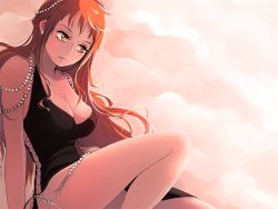Rule 34 | 1girl, alternate costume, bare arms, bare legs, beads, black dress, breasts, cleavage, cloud, cloudy sky, dress, earrings, expressionless, eyelashes, jewelry, knee up, large breasts, marmaladica, matching hair/eyes, miniskirt, nami (one piece), necklace, one piece, orange eyes, orange hair, original, sitting, skirt, sky, solo