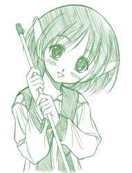 Rule 34 | 1girl, blush, eyebrows, green theme, holding, kusui aruta, long sleeves, looking at viewer, monochrome, multi (to heart), robot ears, school uniform, short hair, simple background, solo, to heart, to heart (series), upper body, white background