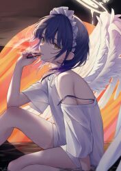 Rule 34 | 1girl, absurdres, angel, angel wings, aruto araragi, black hair, feathered wings, from side, halo, highres, looking at viewer, maid headdress, off shoulder, orange nails, original, oversized clothes, oversized shirt, shirt, short hair, single bare shoulder, sitting, solo, star (sky), strap slip, t-shirt, thighs, water, white shirt, white wings, wings, yellow eyes
