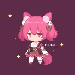 Rule 34 | 1girl, animal ear fluff, animal ears, arknights, black footwear, blush, bow, closed mouth, commentary, dress, footwear bow, fox ears, fox girl, fox tail, frilled dress, frills, full body, hair between eyes, looking at viewer, pink bow, pink eyes, pink hair, pixel art, purple background, sakuramochi (oyasumunemui), shamare (arknights), short hair, solo, standing, tail, twintails
