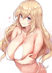 Rule 34 | 1girl, arms under breasts, bikini, blonde hair, blue eyes, breasts, cleavage, commentary request, crossed arms, hair between eyes, heart, highres, large breasts, long hair, looking at viewer, mole, mole on breast, original, osterei, simple background, smile, solo, swimsuit, two-tone background, upper body, very long hair, white bikini
