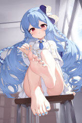 Rule 34 | 1girl, absurdres, arm support, barefoot, black ribbon, blue hair, blue nails, blue necktie, blurry, blurry background, blush, bow, braid, capelet, chair, collared shirt, commentary request, day, double-parted bangs, feet, flat chest, floating hair, foot focus, foreshortening, getabako, hair between eyes, hair bow, hair ribbon, hectyne, highres, indoors, jacket, knee up, long hair, long sleeves, looking down, nail polish, necktie, on chair, original, panties, pantyshot, pink pupils, red eyes, ribbon, school chair, shirt, short necktie, side braids, sitting, soles, solo, striped bow, teeth, toenail polish, toenails, toes, underwear, very long hair, white bow, white capelet, white jacket, white panties, white shirt, window