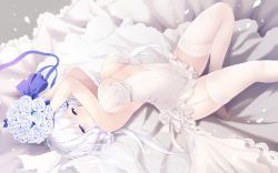 Rule 34 | 1girl, arms up, azur lane, blue eyes, bouquet, breasts, bridal veil, cait aron, cleavage, closed mouth, covered navel, dress, flower, garter straps, gloves, hair flower, hair ornament, highres, illustrious (azur lane), illustrious (morning star of love and hope) (azur lane), large breasts, looking at viewer, low twintails, lying, mole, mole under eye, no shoes, on back, petals, short dress, smile, solo, thighhighs, twintails, veil, wedding dress, white dress, white gloves, white hair, white theme, white thighhighs