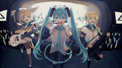 Rule 34 | 1boy, 2girls, arm up, bass clef, black shorts, black sleeves, blonde hair, blue eyes, blue hair, boots, bow, concert, crop top, detached sleeves, flipped hair, glowstick, guitar, hair between eyes, hair bow, hand on own hip, hand up, hatsune miku, headset, highres, holding, holding instrument, instrument, kagamine len, kagamine rin, keyboard (instrument), leg warmers, looking at viewer, microphone, midriff, multiple girls, nunosei, one eye closed, open mouth, parted bangs, sailor collar, sailor shirt, shirt, short ponytail, short shorts, shorts, smile, stage, standing, standing on one leg, teeth, thigh boots, treble clef, twintails, upper teeth only, vocaloid, white bow, white shirt