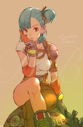 Rule 34 | 1girl, arm warmers, asymmetrical clothes, bandaid, bandaid on face, blue eyes, blue hair, breasts, bulma, character name, copyright name, crossed arms, dragon ball, dragon ball (classic), gloves, goggles, goggles around neck, gradient background, hair ribbon, hand on own cheek, hand on own face, highres, kuroimori, medium breasts, one side up, orange gloves, orange ribbon, ribbon, shirt, short hair, short sleeves, single pantsleg, sitting, solo, white shirt