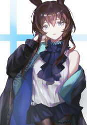 Rule 34 | 1girl, :o, amiya (arknights), animal ears, annnnq, arknights, ascot, black ascot, black coat, black pantyhose, black skirt, blouse, blue background, blue eyes, brown hair, coat, hair between eyes, hand up, highres, jewelry, long hair, long sleeves, looking at viewer, miniskirt, multiple rings, off shoulder, open clothes, open coat, open mouth, pantyhose, pleated skirt, rabbit ears, ring, shirt, sidelocks, single bare shoulder, skirt, solo, thighlet, two-tone background, white background, white shirt