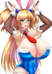 Rule 34 | 1girl, absurdres, alternate costume, animal ears, artist request, blonde hair, blue eyes, blue leotard, breasts, cleavage, curvy, detached collar, fake animal ears, gloves, highleg, highleg leotard, highres, huge breasts, leotard, long hair, looking at viewer, official alternate costume, onizaki kirara, playboy bunny, rabbit ears, rabbit pose, revealing clothes, shiny skin, simple background, smile, taimanin (series), taimanin rpgx, twintails