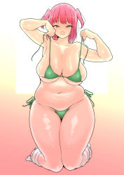 Rule 34 | 1girl, bikini, breasts, dokubu 96, fang, green bikini, highres, large breasts, navel, pink hair, plump, sagging breasts, solo, swimsuit, thighs, twintails, undressing